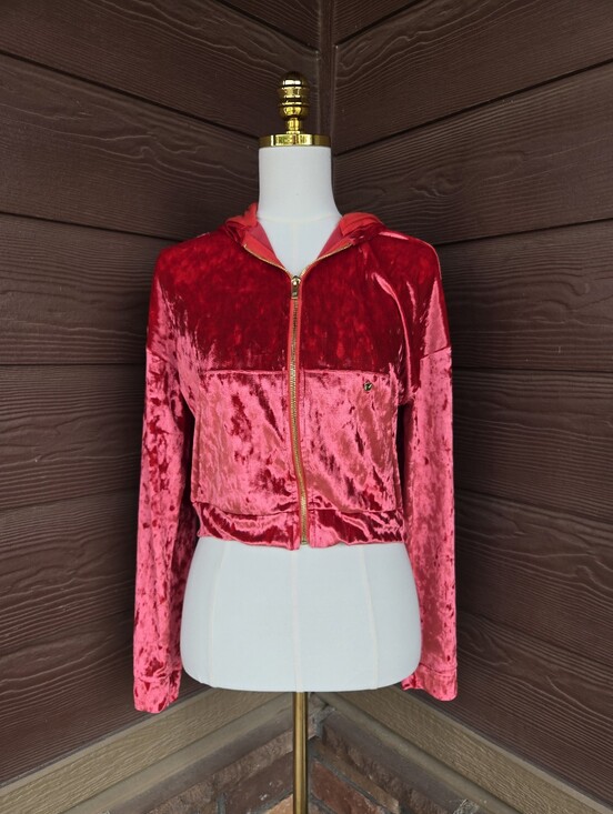 Fabletics Jackets & Blazers - Fabletics Red Crushed Velvet Zip-Up Hoodie – Women’s XS NWOT